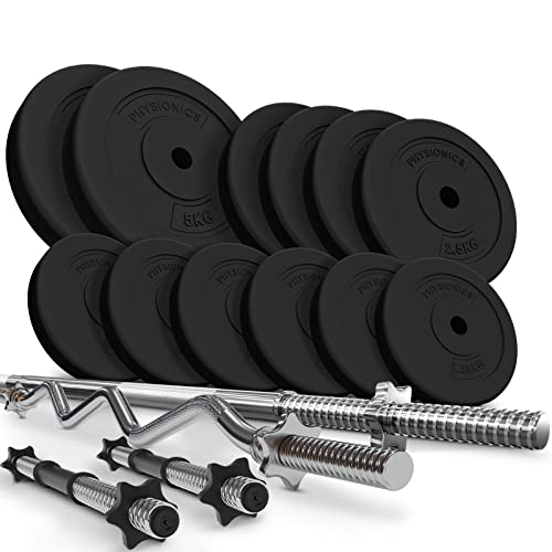 Physionics® Barbell Set - Steel, Dumbbells, EZ Curl Bar