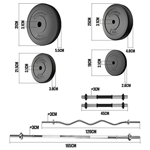Physionics® Barbell Set - Steel, Dumbbells, EZ Curl Bar