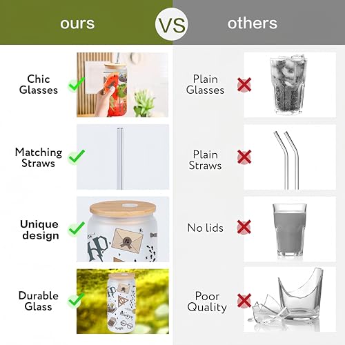 Harry Potter Glass Cups with Bamboo Lids and Straws