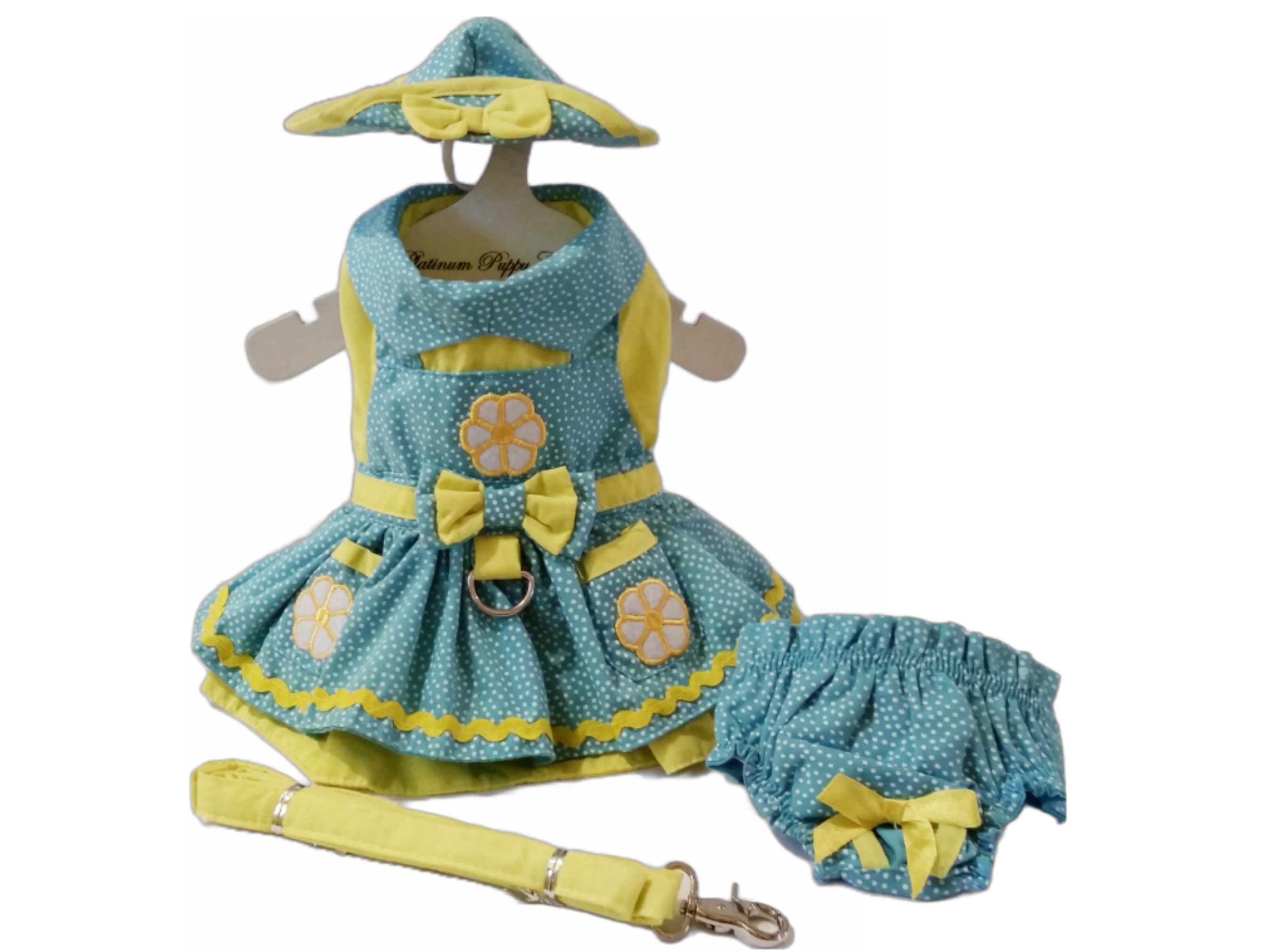 Colorful Daisy Dog Dress Set with Leash and Hat
