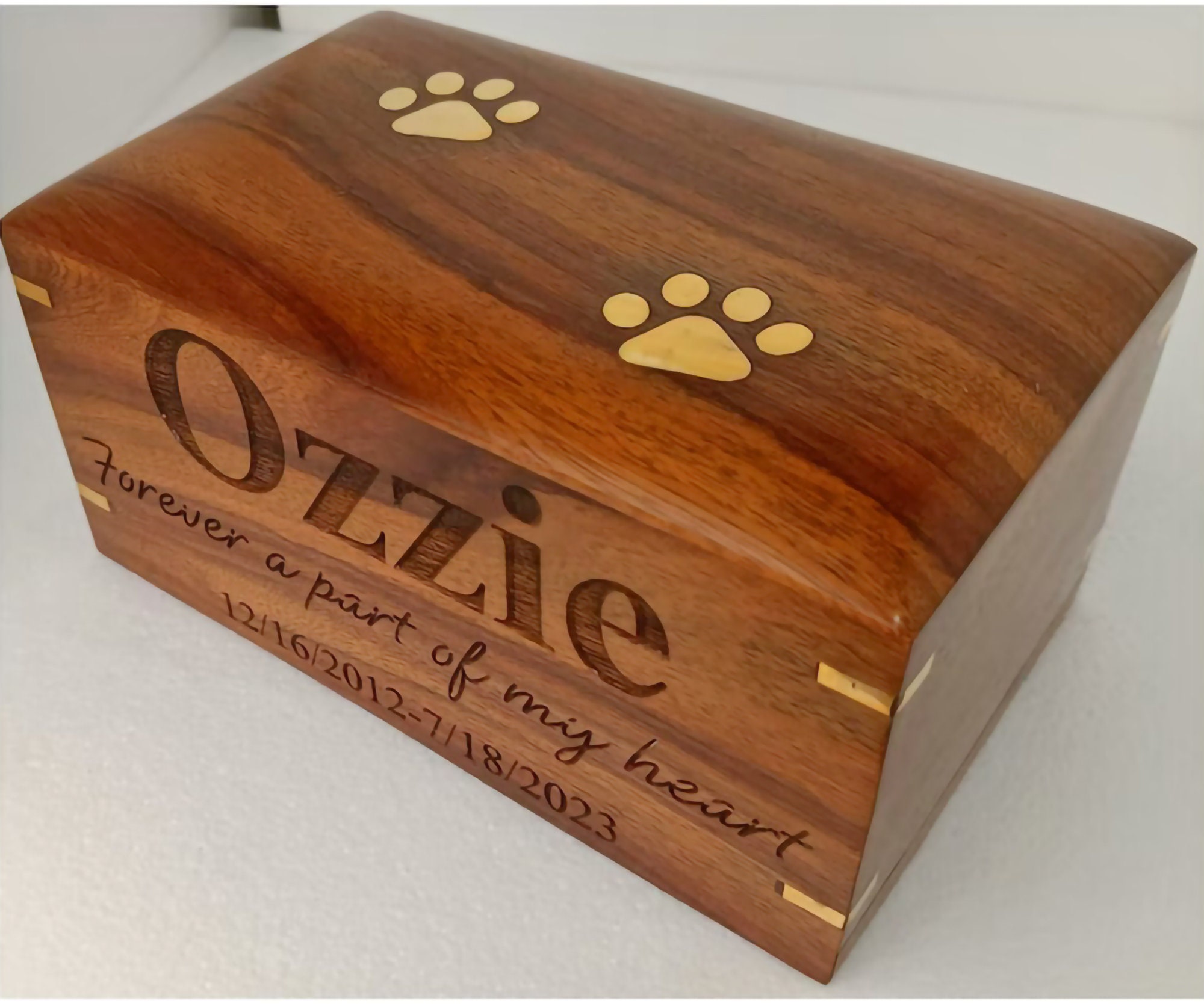 Customizable Pet Urn Box: Brass Paws, Rosewood Finish