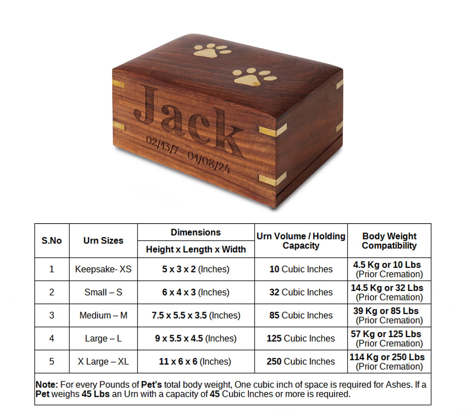 Customizable Pet Urn Box: Brass Paws, Rosewood Finish