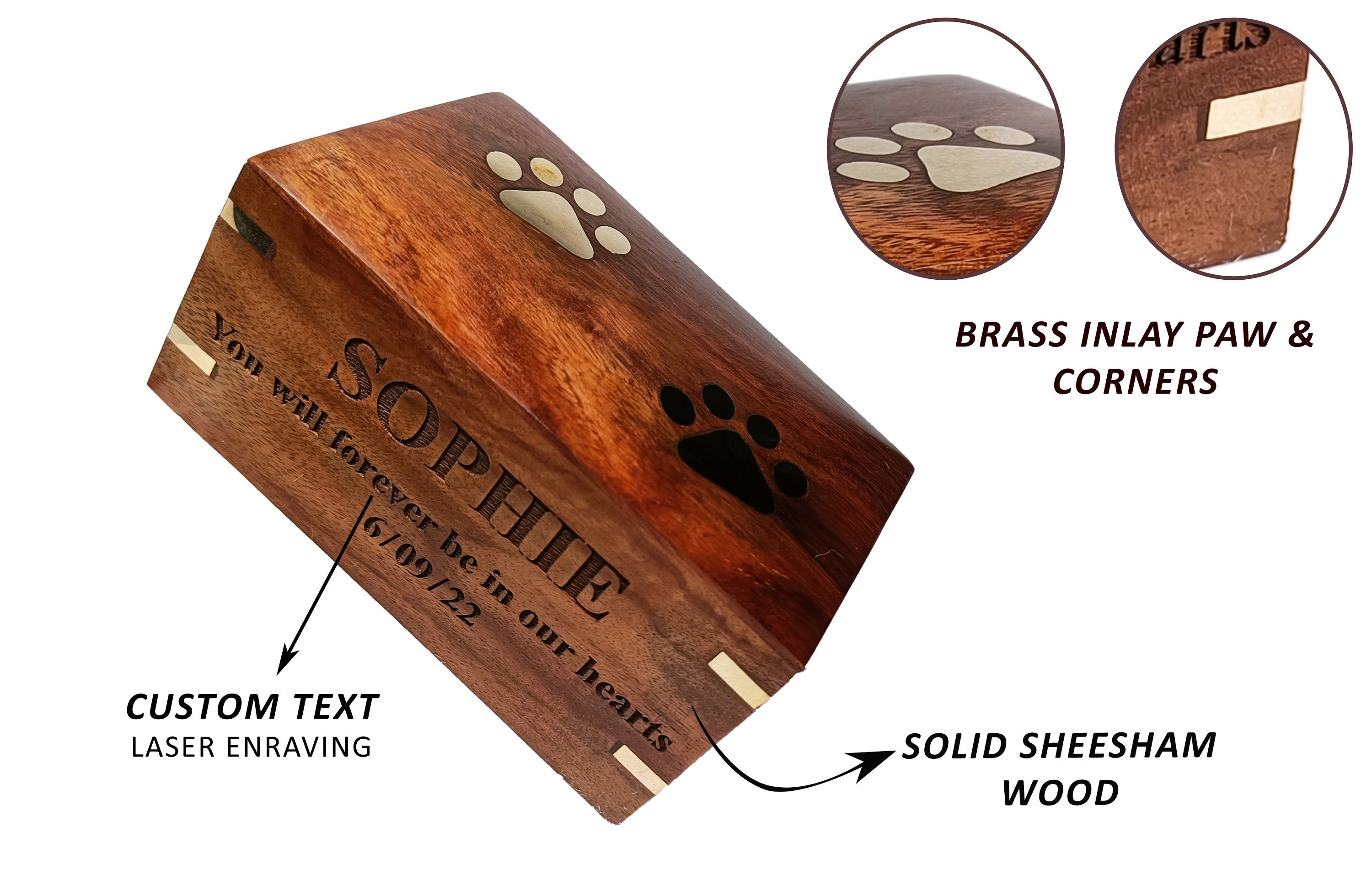 Customizable Pet Urn Box: Brass Paws, Rosewood Finish