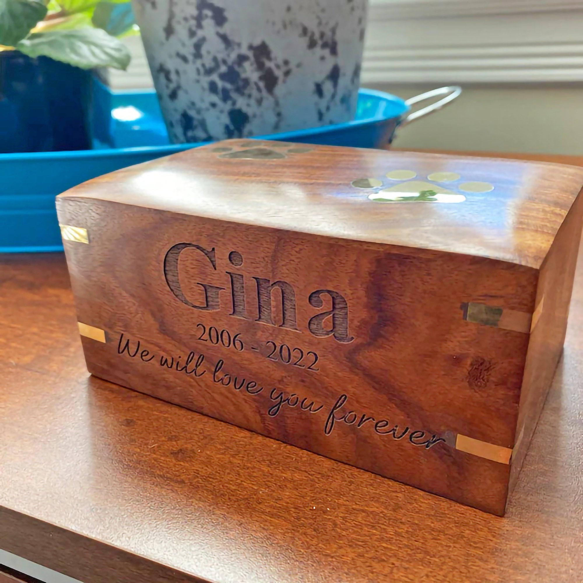 Customizable Pet Urn Box: Brass Paws, Rosewood Finish