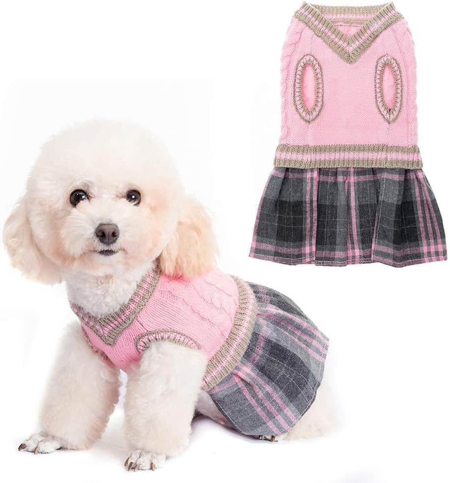 Plaid Dog Sweater Dress with Leash Hole - Medium