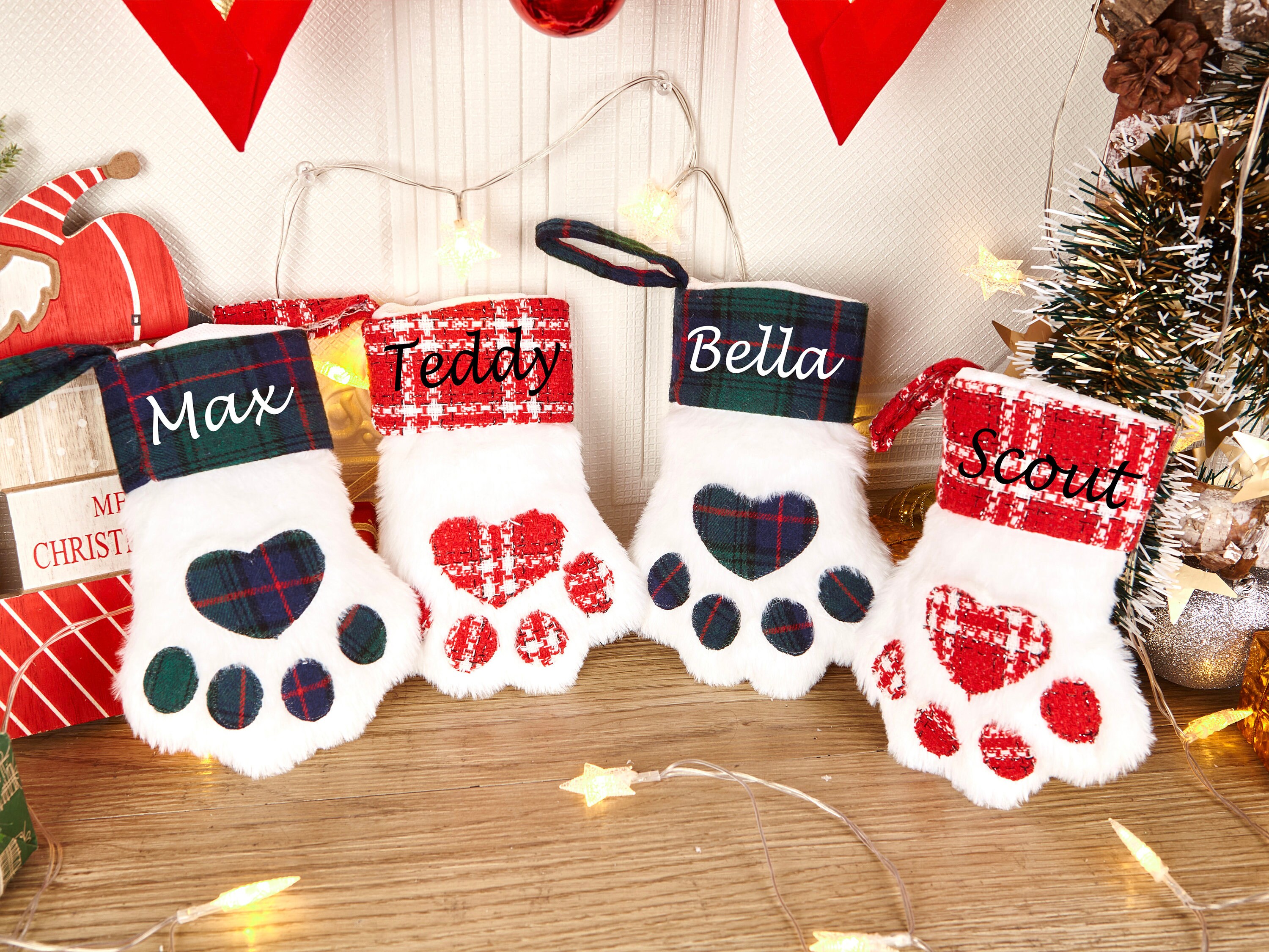 Personalized Mini Dog Christmas Stockings, Buffalo Plaid Cat