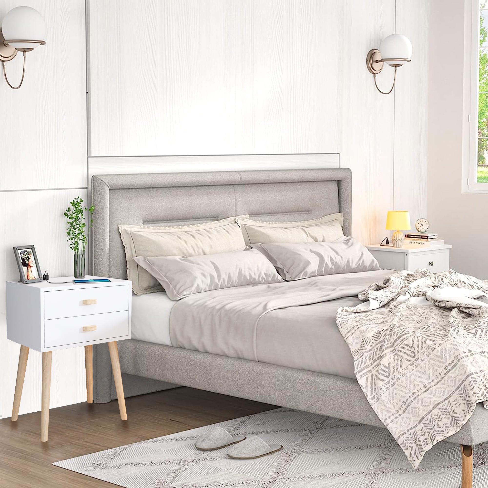 Modern White Bedside Table Set with Drawers