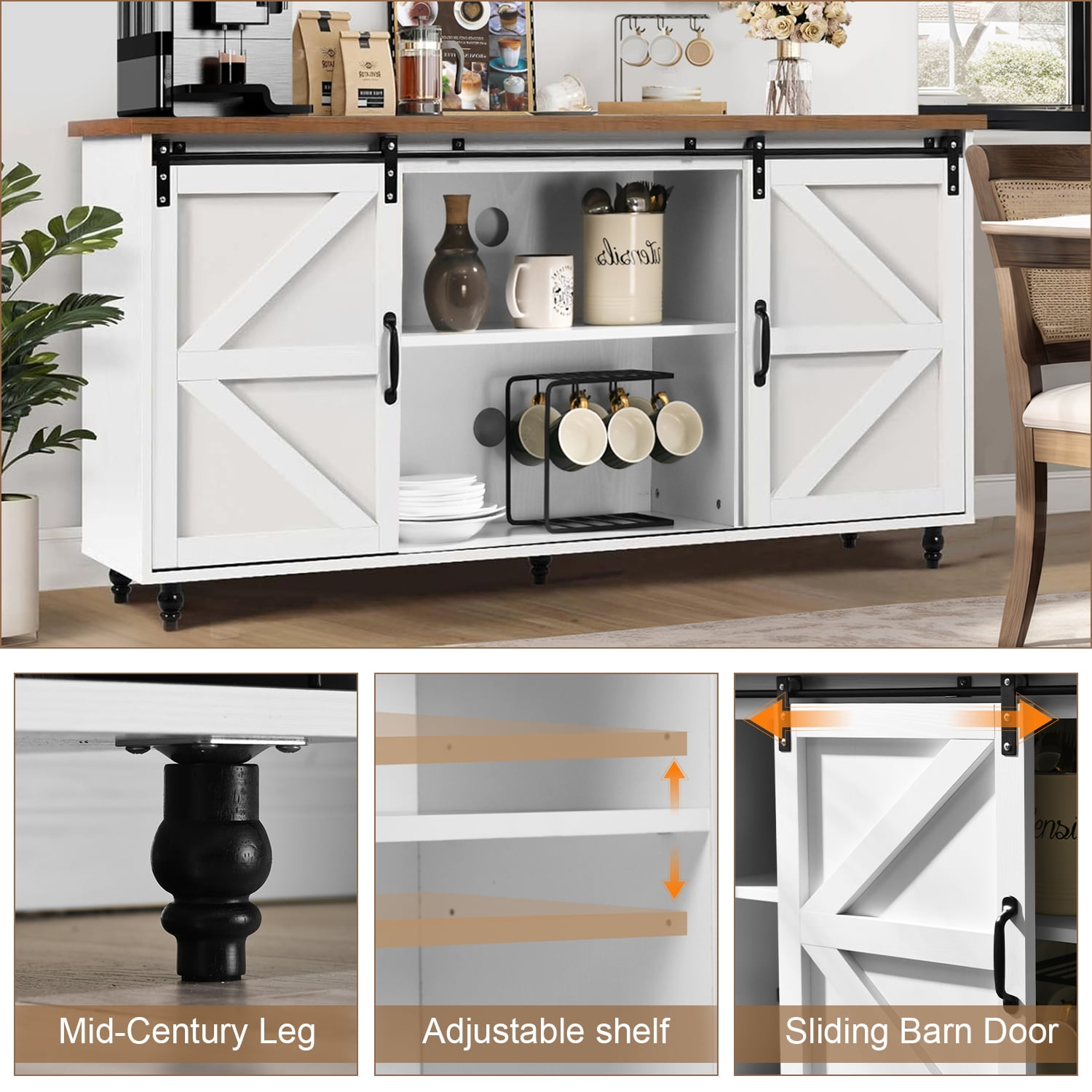 White Farmhouse Coffee Bar with Sliding Barn Door