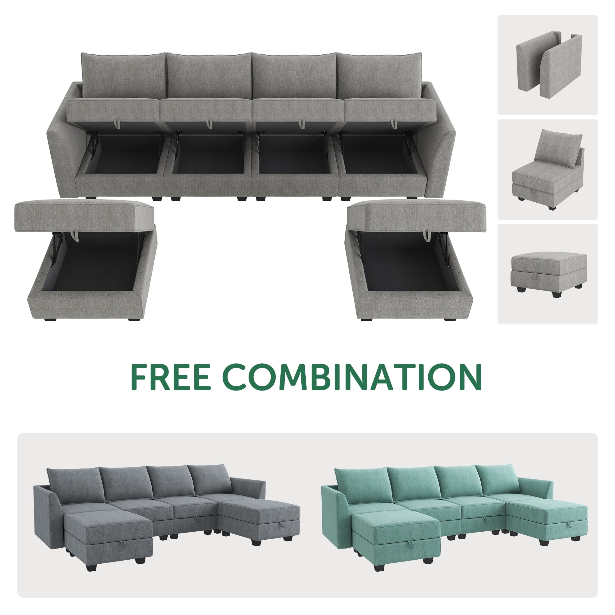 Gray U-Shaped Sectional Sofa with Ottomans