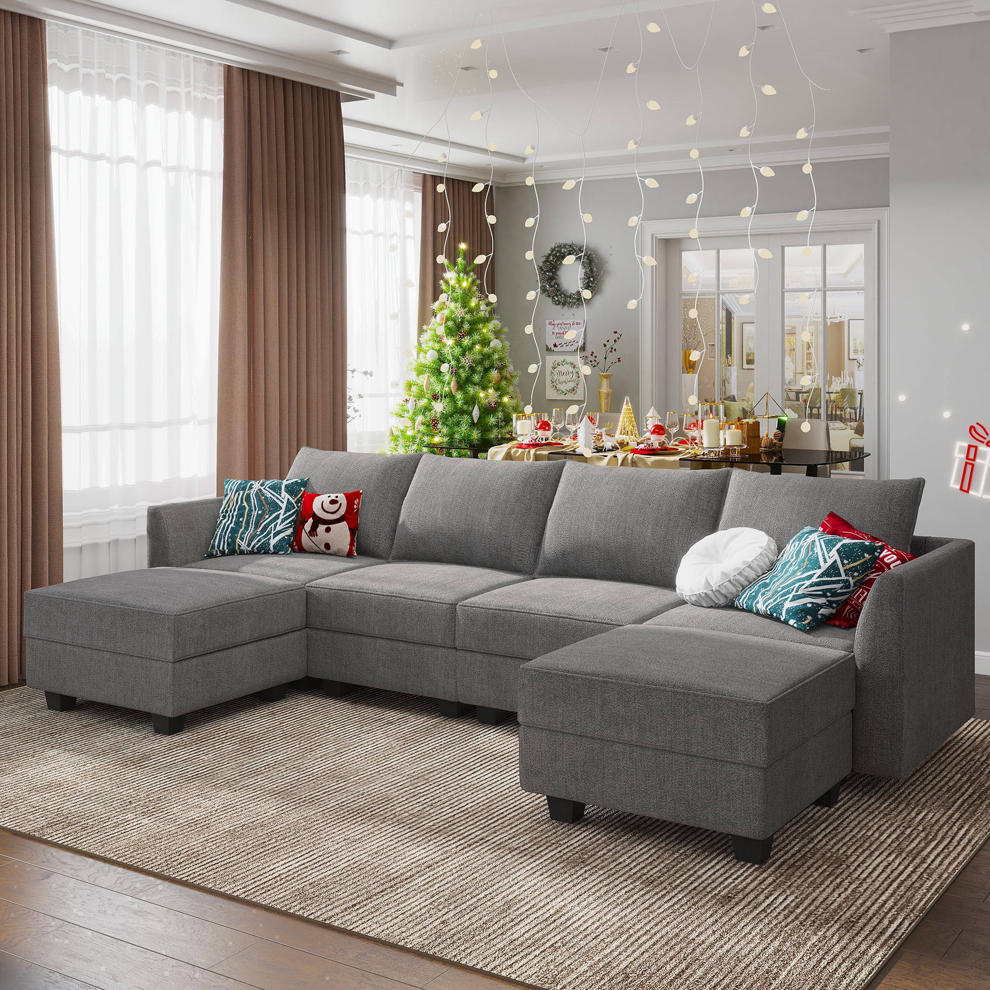 Gray U-Shaped Sectional Sofa with Ottomans