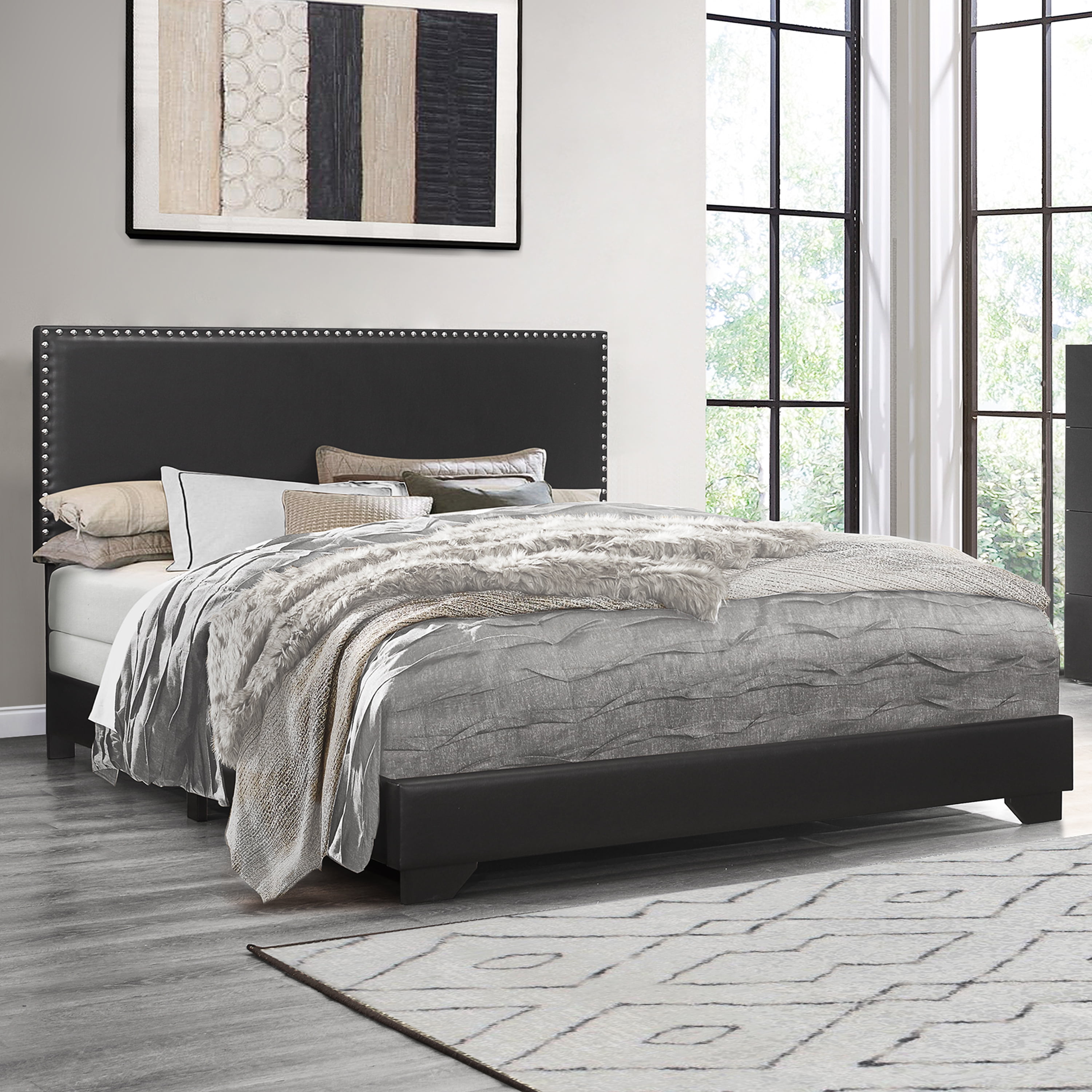 Black Faux Leather Upholstered Queen Bed with Nailhead Trim