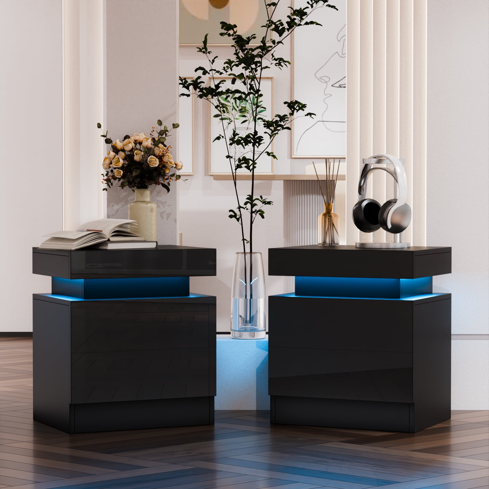 LED Bedside Table with Drawer - Black Gloss Finish