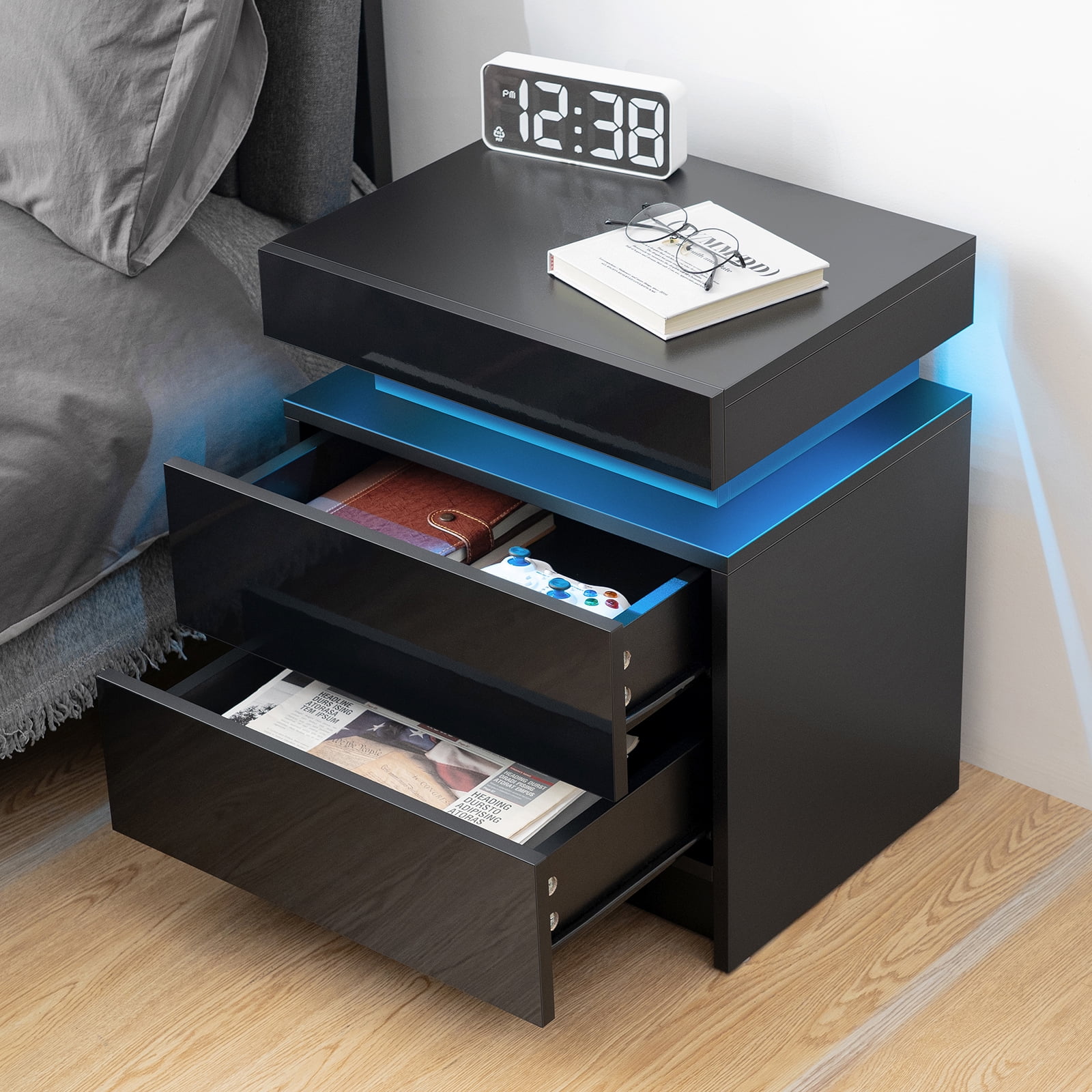 LED Bedside Table with Drawer - Black Gloss Finish