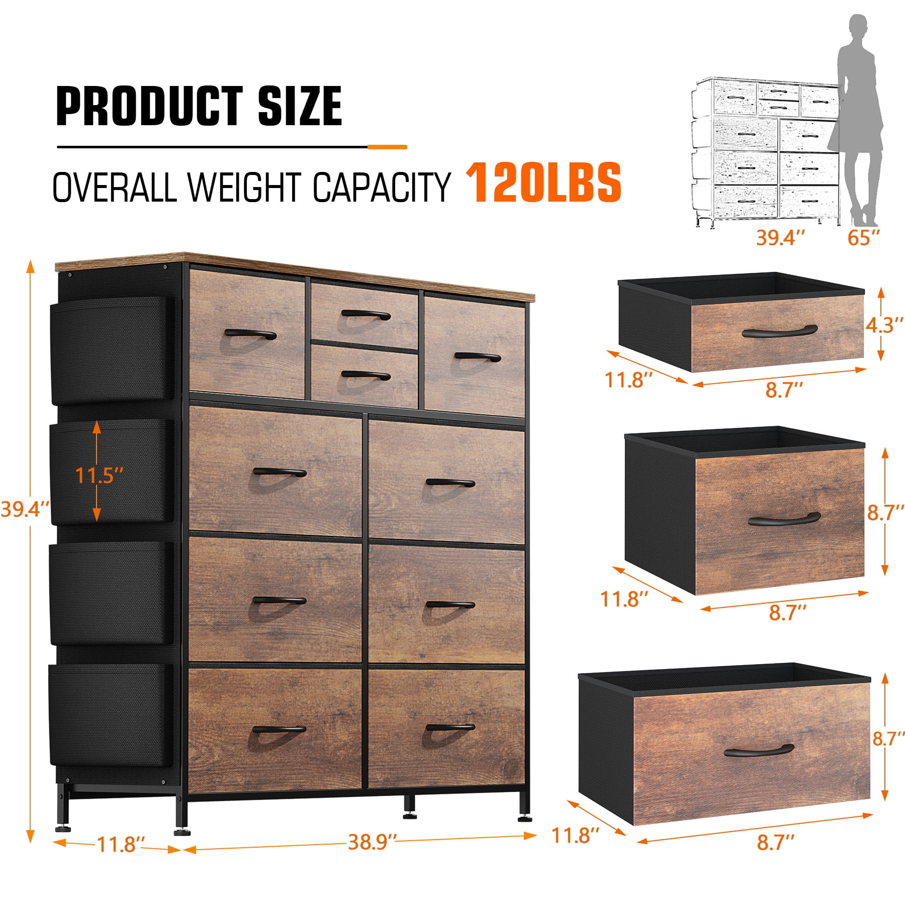 10 Drawer Bedroom Dresser with Side Pockets