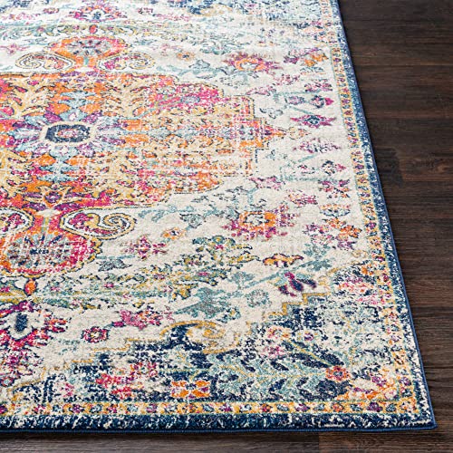 Vintage Bohemian Area Rug, Orange/Navy, 5'3" x 7'3