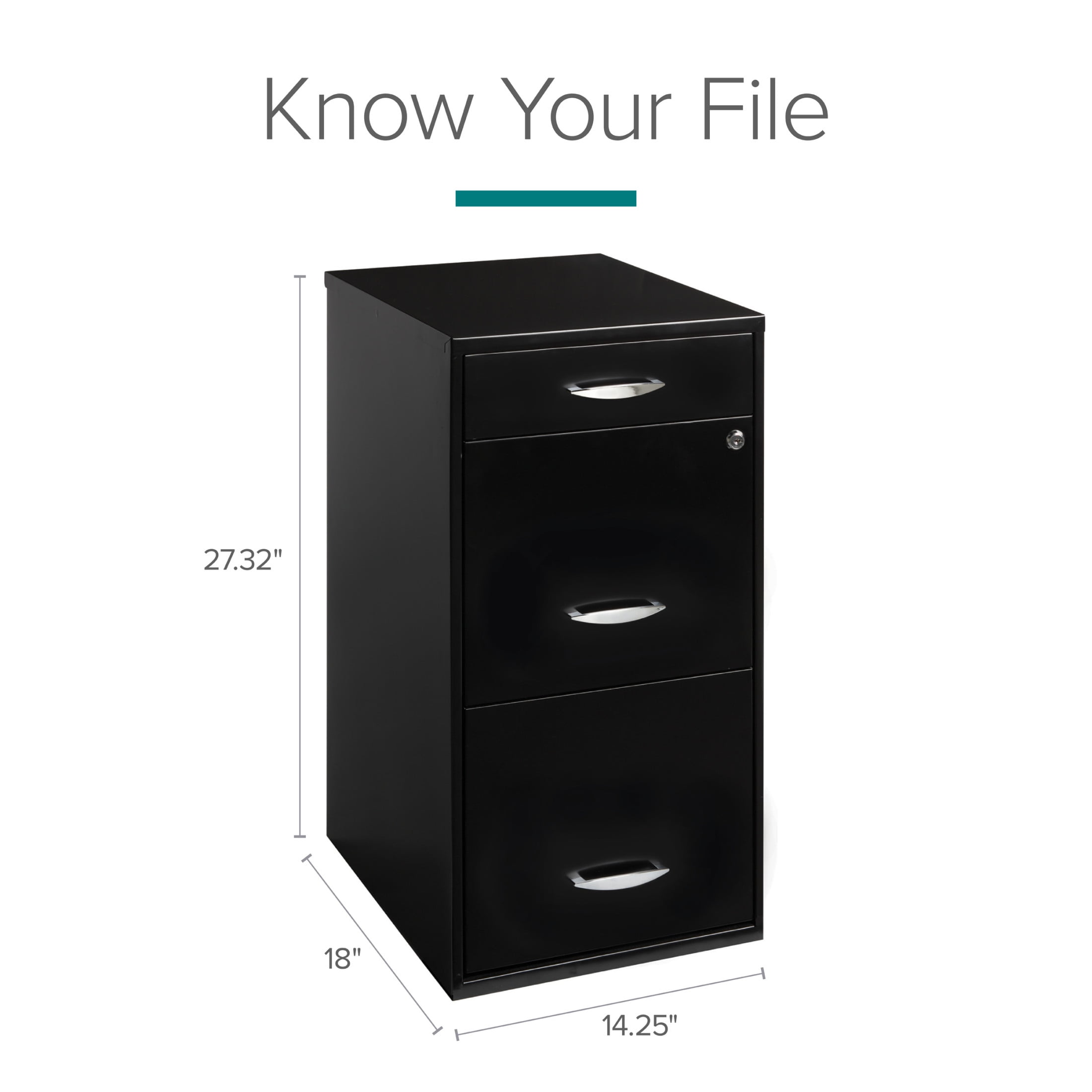 Filing Cabinet 18"W, 3-Drawer Organizer File, Black