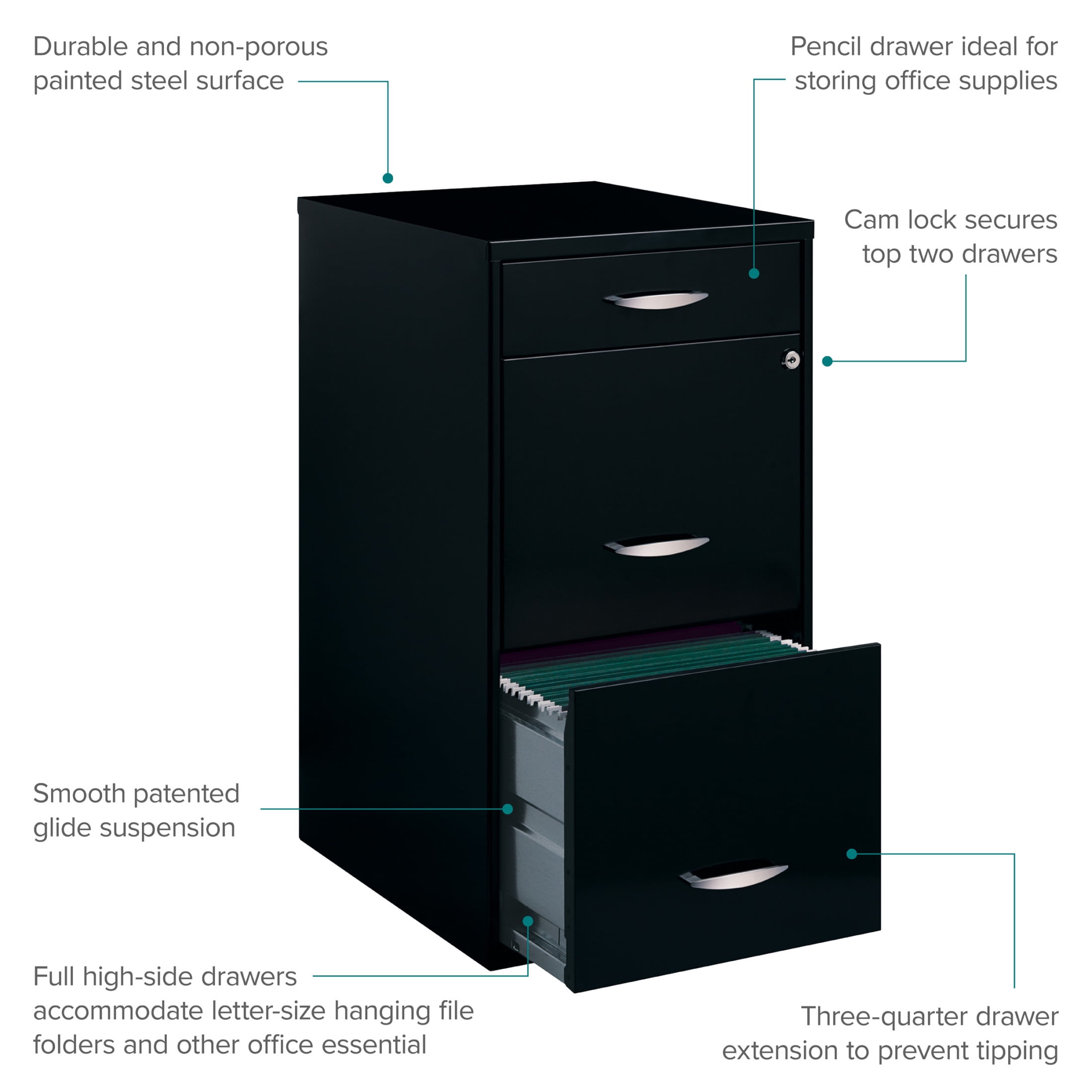 Filing Cabinet 18"W, 3-Drawer Organizer File, Black