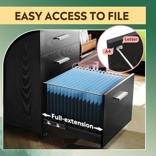 Black 3-drawer mobile file cabinet with shelves