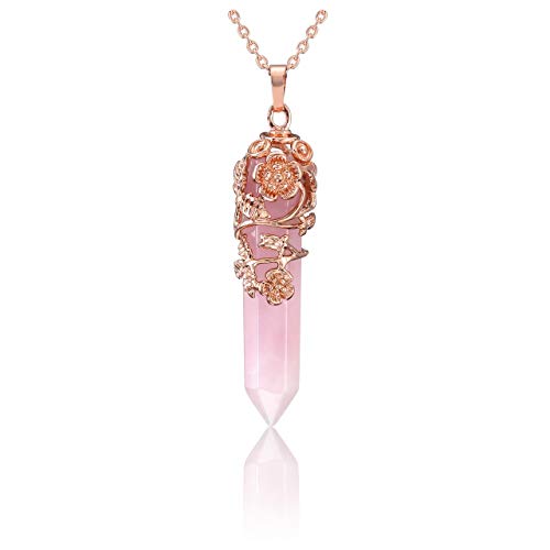 Flower Wrapped Rose Quartz Healing Crystal Pendant Necklace