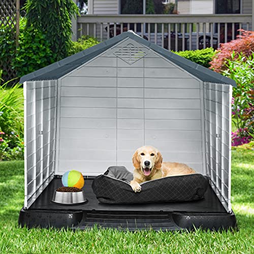 YITAHOME Large Grey Plastic Dog House, Indoor/Outdoor Kennel