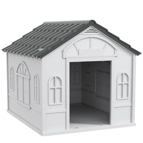 PawHut Large Weather-Resistant Plastic Dog House - Grey