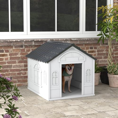 PawHut Large Weather-Resistant Plastic Dog House - Grey