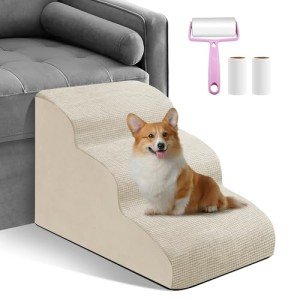 Beige 3-Step Dog Ramp for Couch and Bed