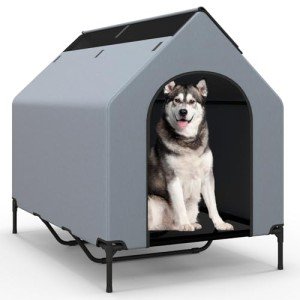 COSTWAY Elevated Dog House with Canopy and Windows