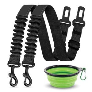 Adjustable Dog Seat Belt with Travel Bowl - 2 Pack