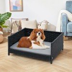 COSTWAY Elevated Rattan Dog Bed with Cushion