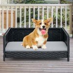 COSTWAY Elevated Rattan Dog Bed with Cushion