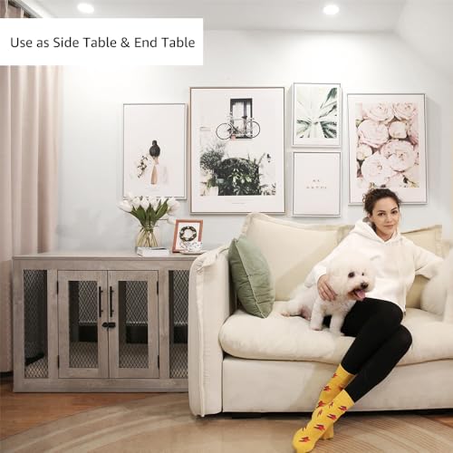 Unipaws Wooden Dog Crate with Bed, Tray, End Table