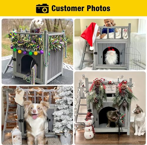 Outdoor/Indoor Wooden Dog/Cat House with Stairs, Insulated