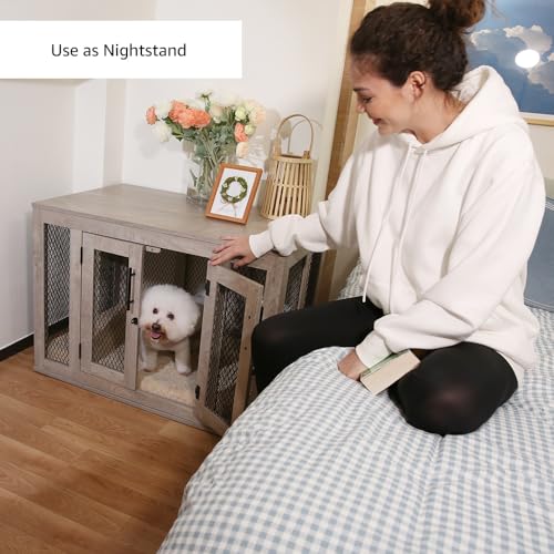 Unipaws Wooden Dog Crate with Bed, Tray, End Table