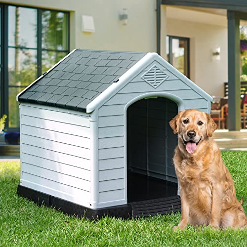 YITAHOME Large Grey Plastic Dog House, Indoor/Outdoor Kennel