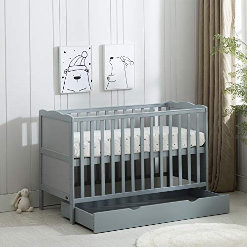 MCC Grey Wooden Baby Cot Bed with Rollaway Drawer