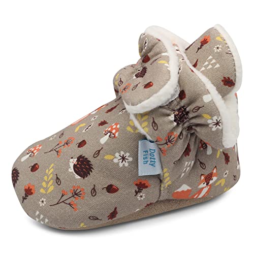 Dotty Fish Brown Baby Booties with Woodland Animals