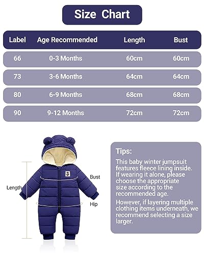 Minizone Baby Hooded Snowsuit Warm Winter Romper, Navy Blue