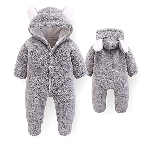 Cartoon Bear Snowsuit Hooded Romper Jumpsuit, Grey, 9-12M