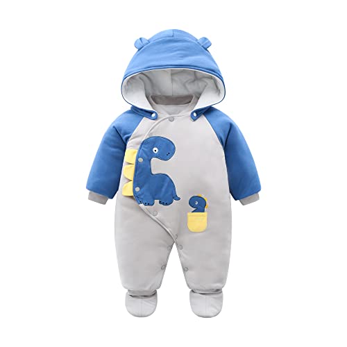 Blue Dinosaur Winter Baby Snowsuit with Detachable Hood