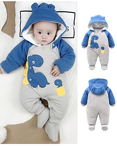 Blue Dinosaur Winter Baby Snowsuit with Detachable Hood