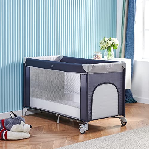 Portable Baby Playpen with Entryway, Grey/White (Without Changing Table)