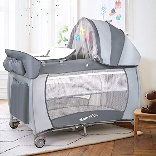 Portable Grey Travel Cot with Mattress, Toys, and Mosquito Net