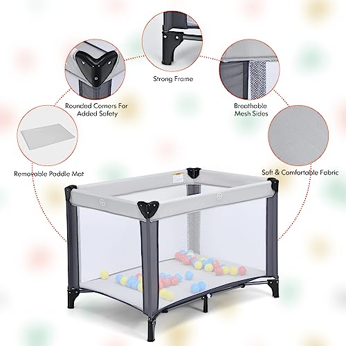 COSTWAY Travel Cot with Mattress and Ocean Balls