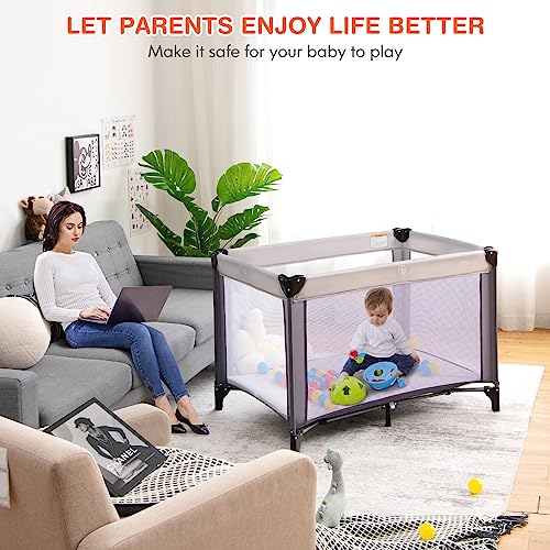 COSTWAY Travel Cot with Mattress and Ocean Balls