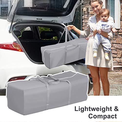 Portable Grey Travel Cot with Mattress, Toys, and Mosquito Net