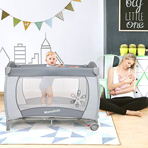 Portable Grey Travel Cot with Mattress, Toys, and Mosquito Net