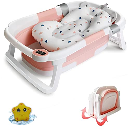 Pink Foldable Baby Bath Tub with Thermometer & Drain Plug