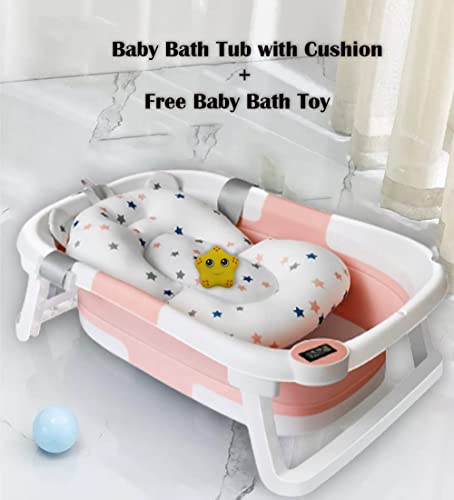 Pink Foldable Baby Bath Tub with Thermometer & Drain Plug