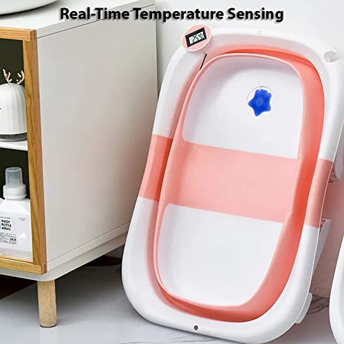Pink Foldable Baby Bath Tub with Thermometer & Drain Plug